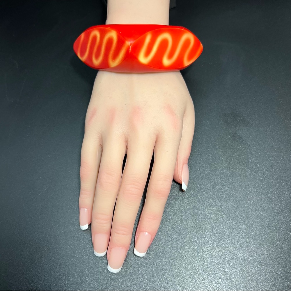 Red Bakelite Square Chunky Bangle with Abstract Bleached Design OOAK Artist Made
